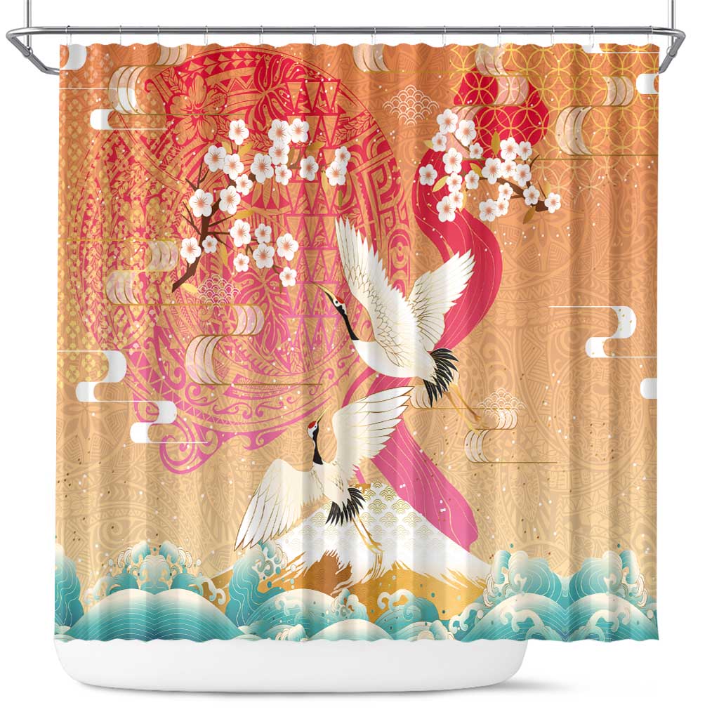 Hawaiian and Japanese Culture Together Shower Curtain Kakau Art Tattoo with Cranes and Sakura Spring Vibe - Polynesian Pride