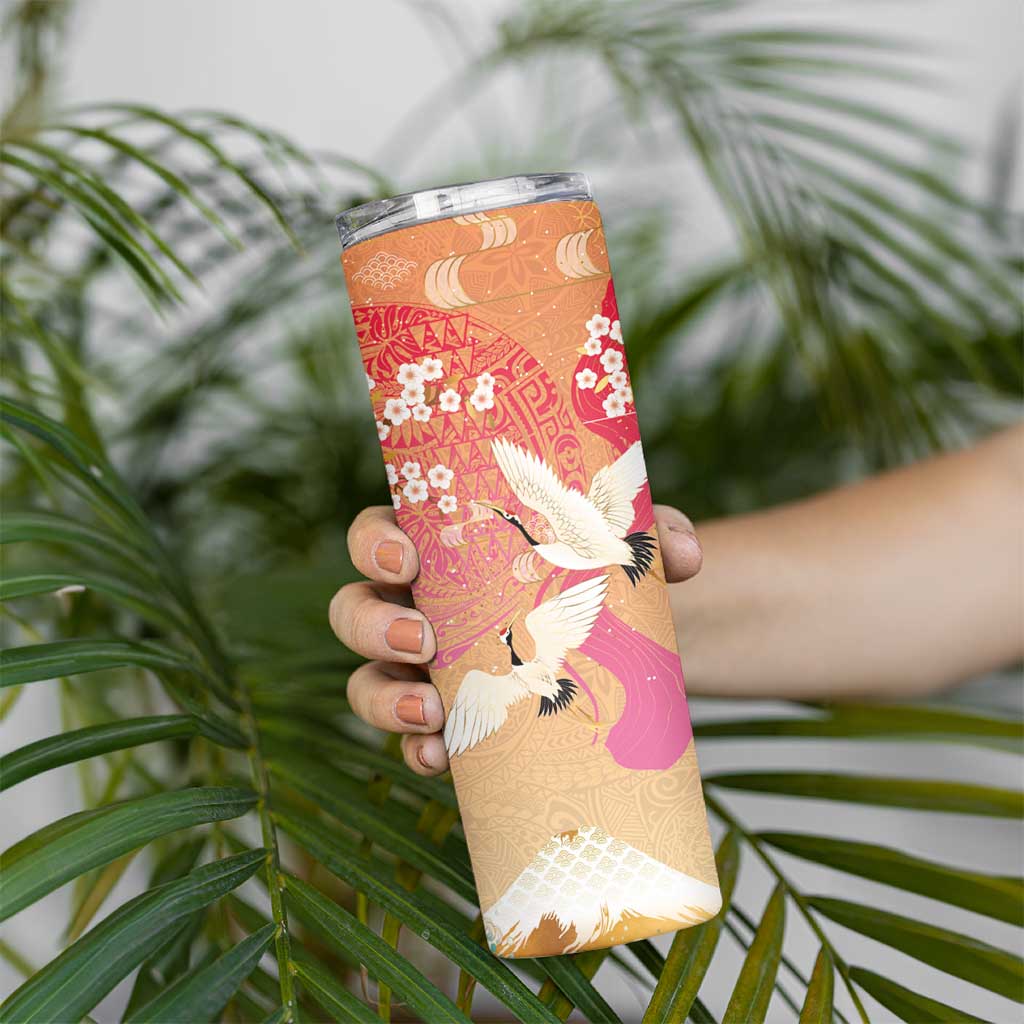 Hawaiian and Japanese Culture Together Skinny Tumbler Kakau Art Tattoo with Cranes and Sakura Spring Vibe - Polynesian Pride