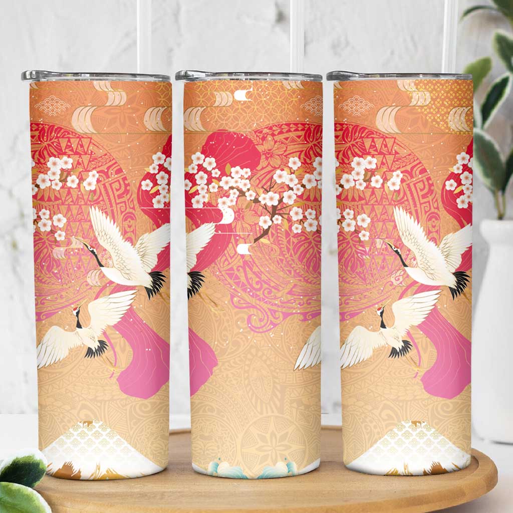 Hawaiian and Japanese Culture Together Skinny Tumbler Kakau Art Tattoo with Cranes and Sakura Spring Vibe - Polynesian Pride
