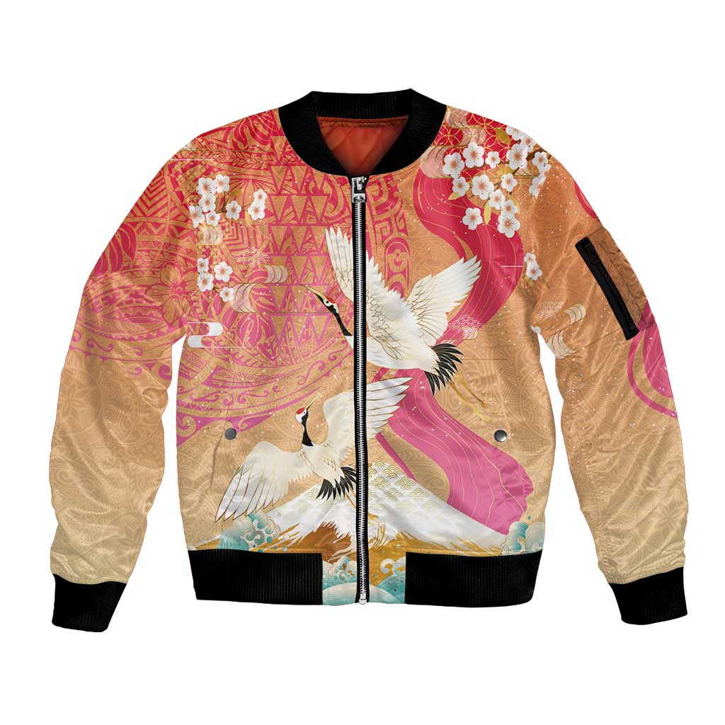 Hawaiian and Japanese Culture Together Sleeve Zip Bomber Jacket Kakau Art Tattoo with Cranes and Sakura Spring Vibe LT03 Unisex Multicolor - Polynesian Pride