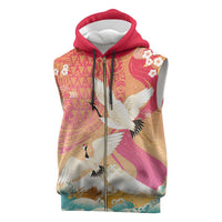 Hawaiian and Japanese Culture Together Sleeveless Zip Hoodie Kakau Art Tattoo with Cranes and Sakura Spring Vibe - Polynesian Pride