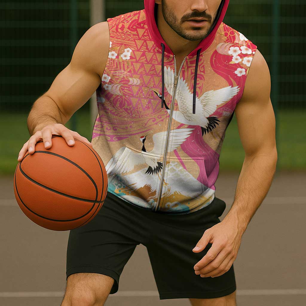 Hawaiian and Japanese Culture Together Sleeveless Zip Hoodie Kakau Art Tattoo with Cranes and Sakura Spring Vibe - Polynesian Pride