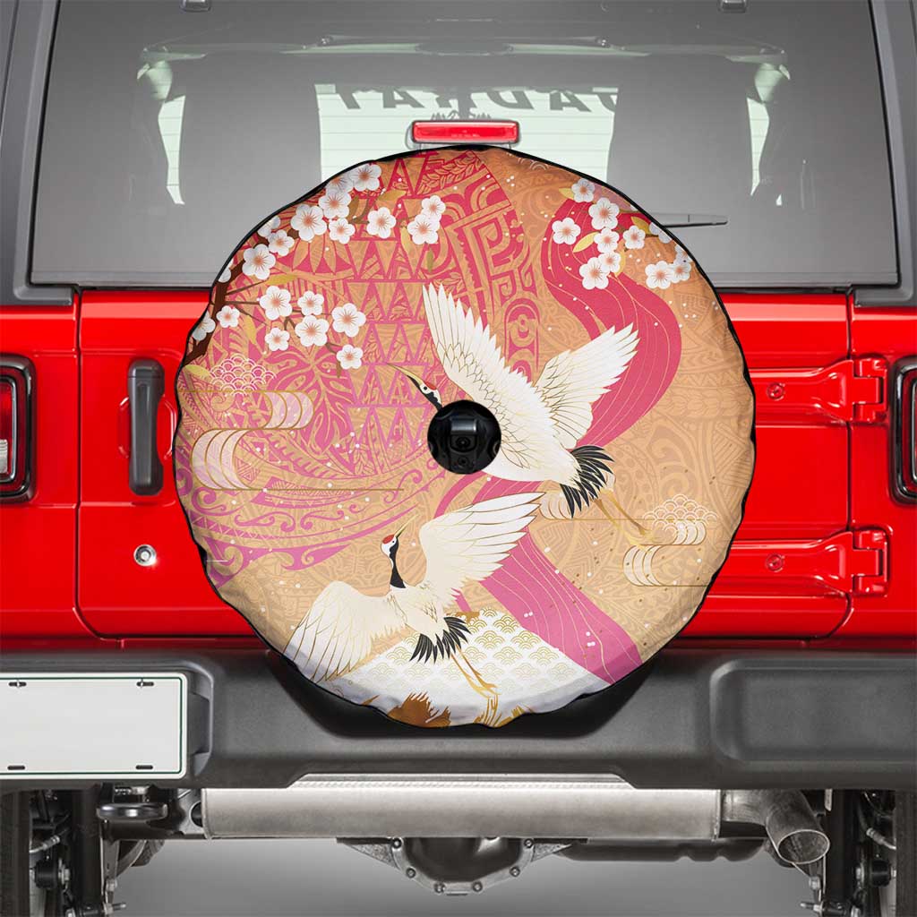 Hawaiian and Japanese Culture Together Spare Tire Cover Kakau Art Tattoo with Cranes and Sakura Spring Vibe - Polynesian Pride