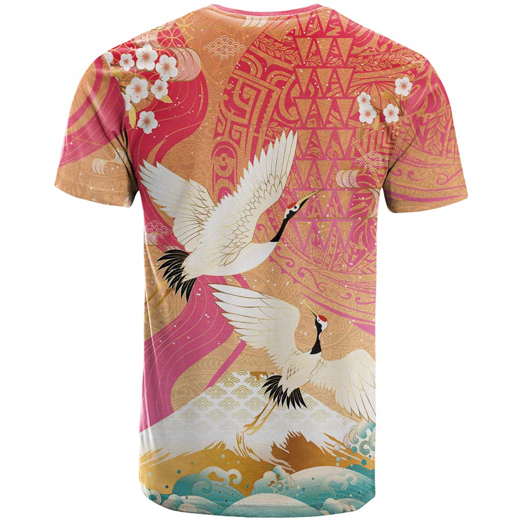 Hawaiian and Japanese Culture Together T Shirt Kakau Art Tattoo with Cranes and Sakura Spring Vibe - Polynesian Pride