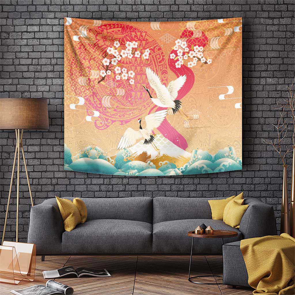 Hawaiian and Japanese Culture Together Tapestry Kakau Art Tattoo with Cranes and Sakura Spring Vibe - Polynesian Pride