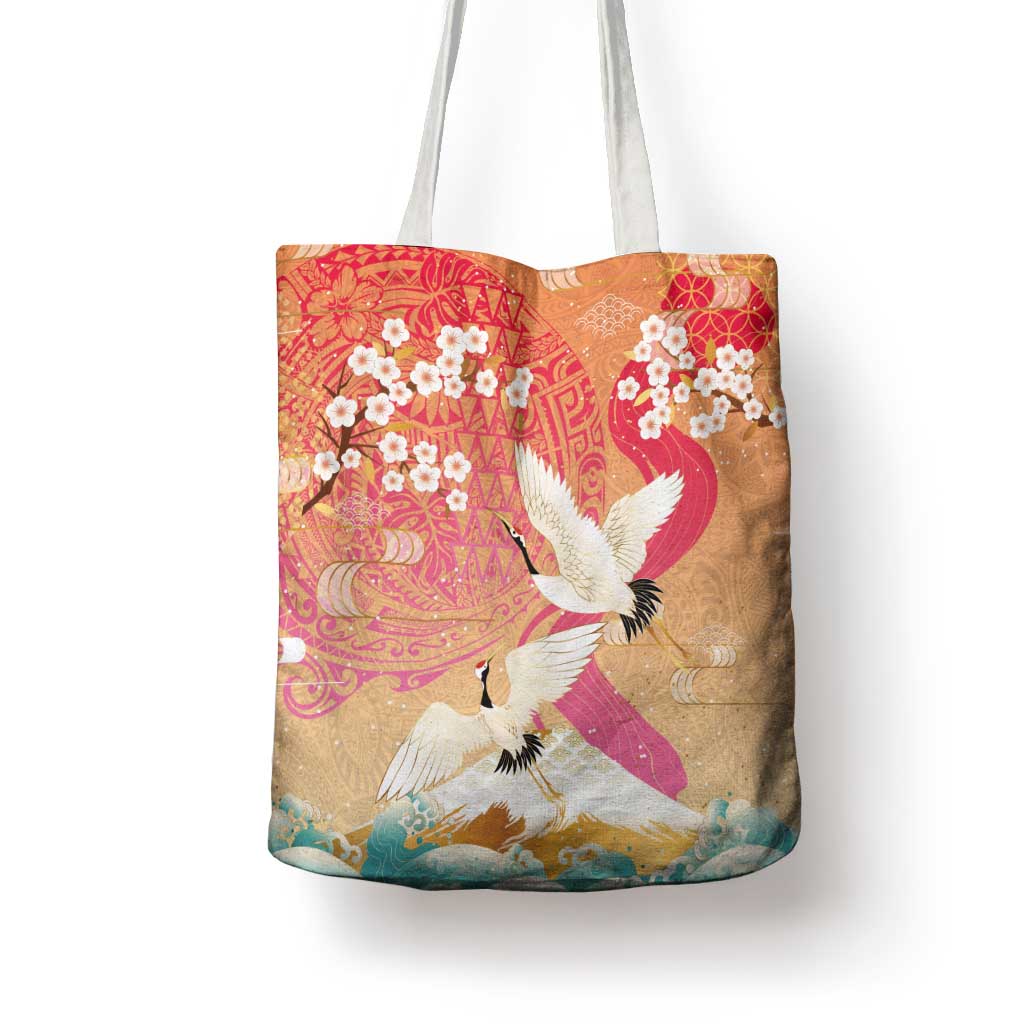 Hawaiian and Japanese Culture Together Tote Bag Kakau Art Tattoo with Cranes and Sakura Spring Vibe - Polynesian Pride