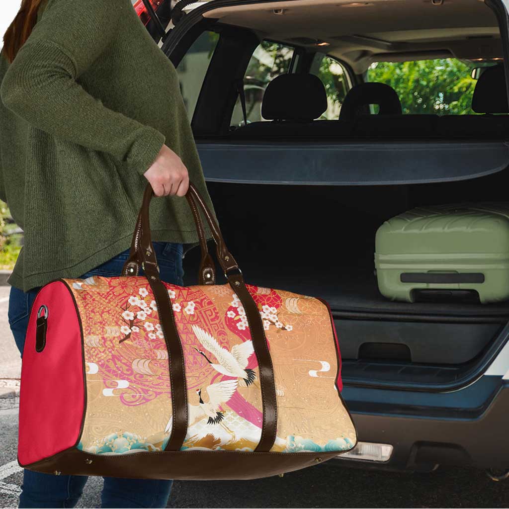 Hawaiian and Japanese Culture Together Travel Bag Kakau Art Tattoo with Cranes and Sakura Spring Vibe - Polynesian Pride