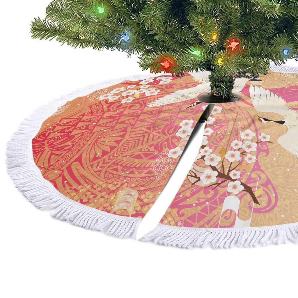 Hawaiian and Japanese Culture Together Tree Skirt Kakau Art Tattoo with Cranes and Sakura Spring Vibe - Polynesian Pride