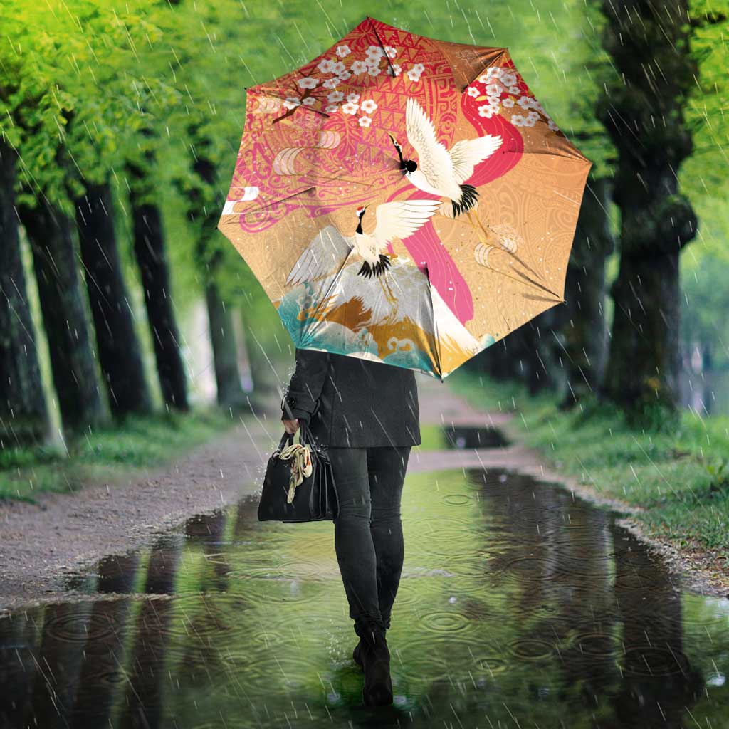 Hawaiian and Japanese Culture Together Umbrella Kakau Art Tattoo with Cranes and Sakura Spring Vibe - Polynesian Pride