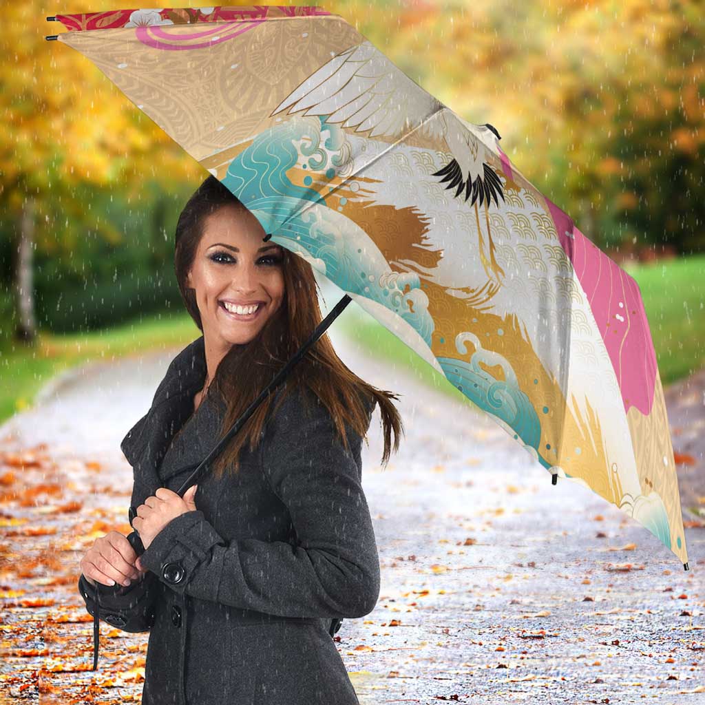 Hawaiian and Japanese Culture Together Umbrella Kakau Art Tattoo with Cranes and Sakura Spring Vibe - Polynesian Pride