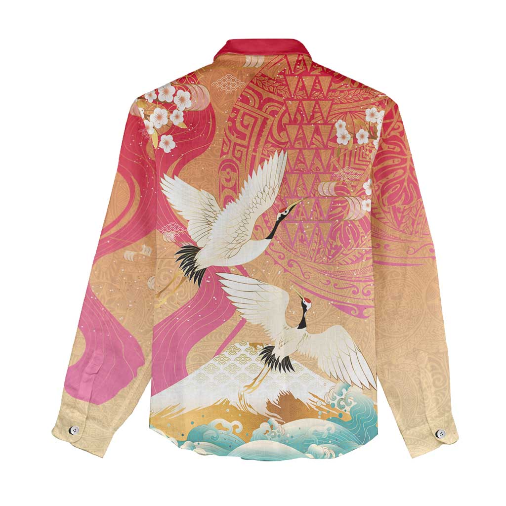 Hawaiian and Japanese Culture Together Women Casual Shirt Kakau Art Tattoo with Cranes and Sakura Spring Vibe - Polynesian Pride