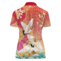 Hawaiian and Japanese Culture Together Women Polo Shirt Kakau Art Tattoo with Cranes and Sakura Spring Vibe - Polynesian Pride