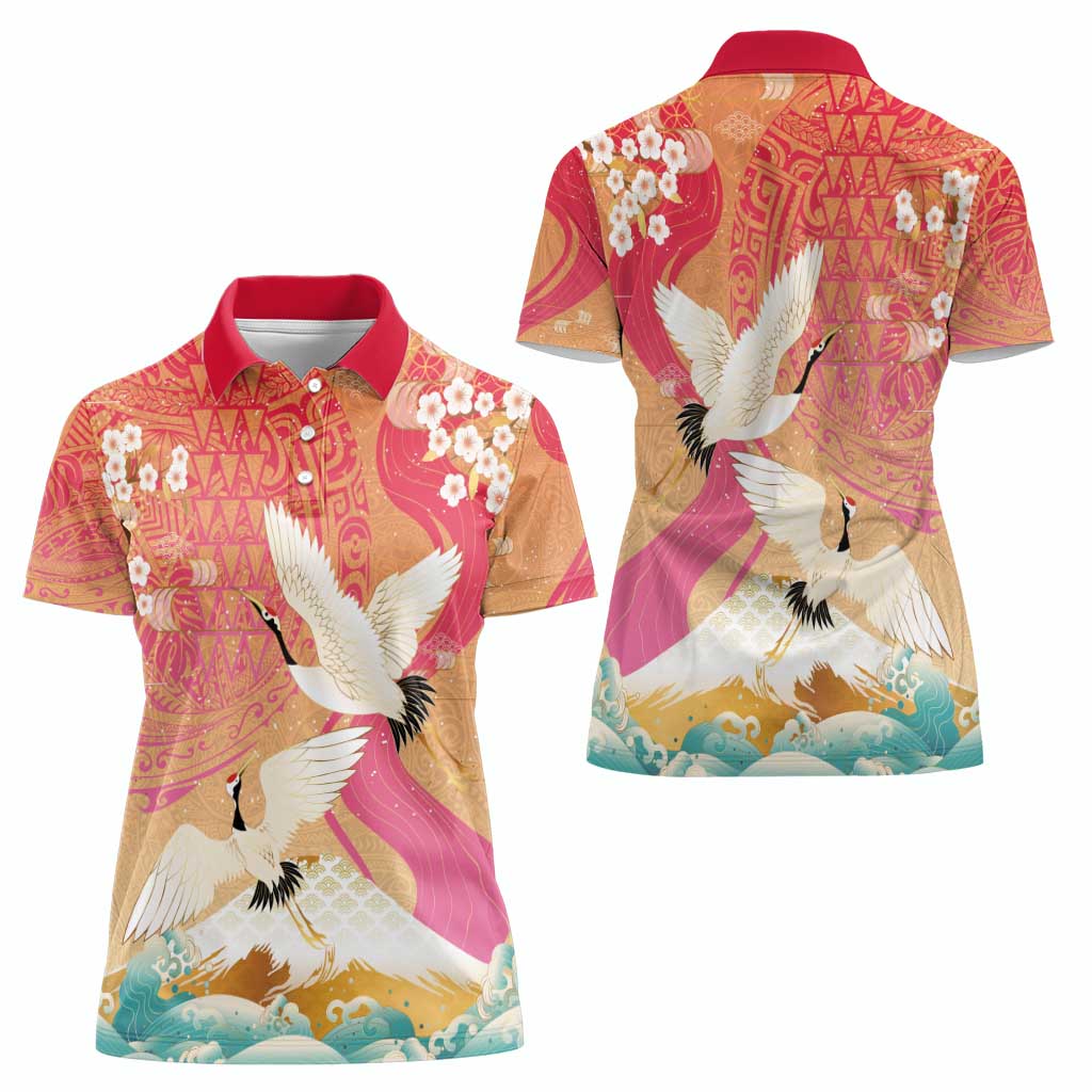 Hawaiian and Japanese Culture Together Women Polo Shirt Kakau Art Tattoo with Cranes and Sakura Spring Vibe - Polynesian Pride