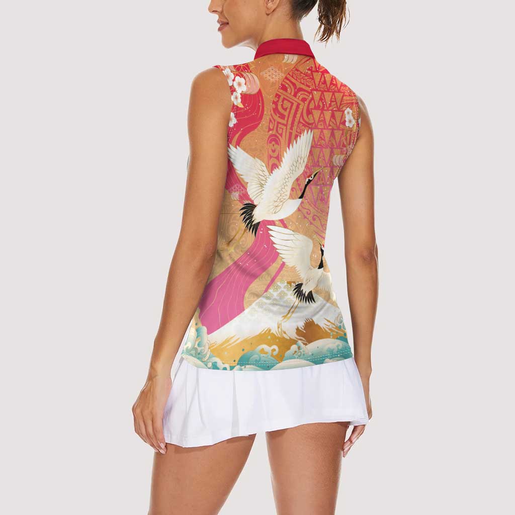 Hawaiian and Japanese Culture Together Women Sleeveless Polo Shirt Kakau Art Tattoo with Cranes and Sakura Spring Vibe - Polynesian Pride
