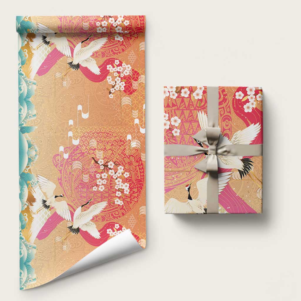 Hawaiian and Japanese Culture Together Wrapping Paper Kakau Art Tattoo with Cranes and Sakura Spring Vibe - Polynesian Pride