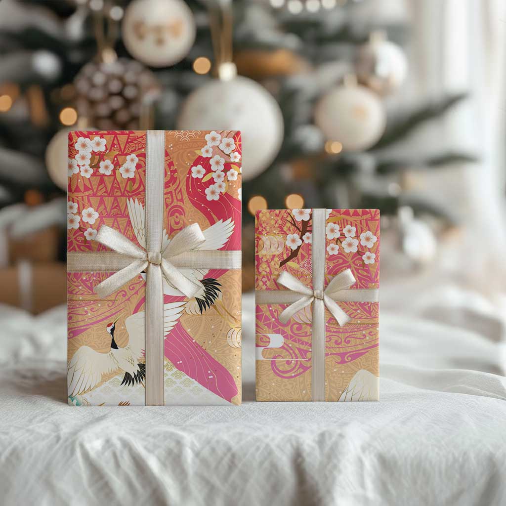 Hawaiian and Japanese Culture Together Wrapping Paper Kakau Art Tattoo with Cranes and Sakura Spring Vibe - Polynesian Pride