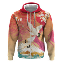Hawaiian and Japanese Culture Together Zip Hoodie Kakau Art Tattoo with Cranes and Sakura Spring Vibe - Polynesian Pride