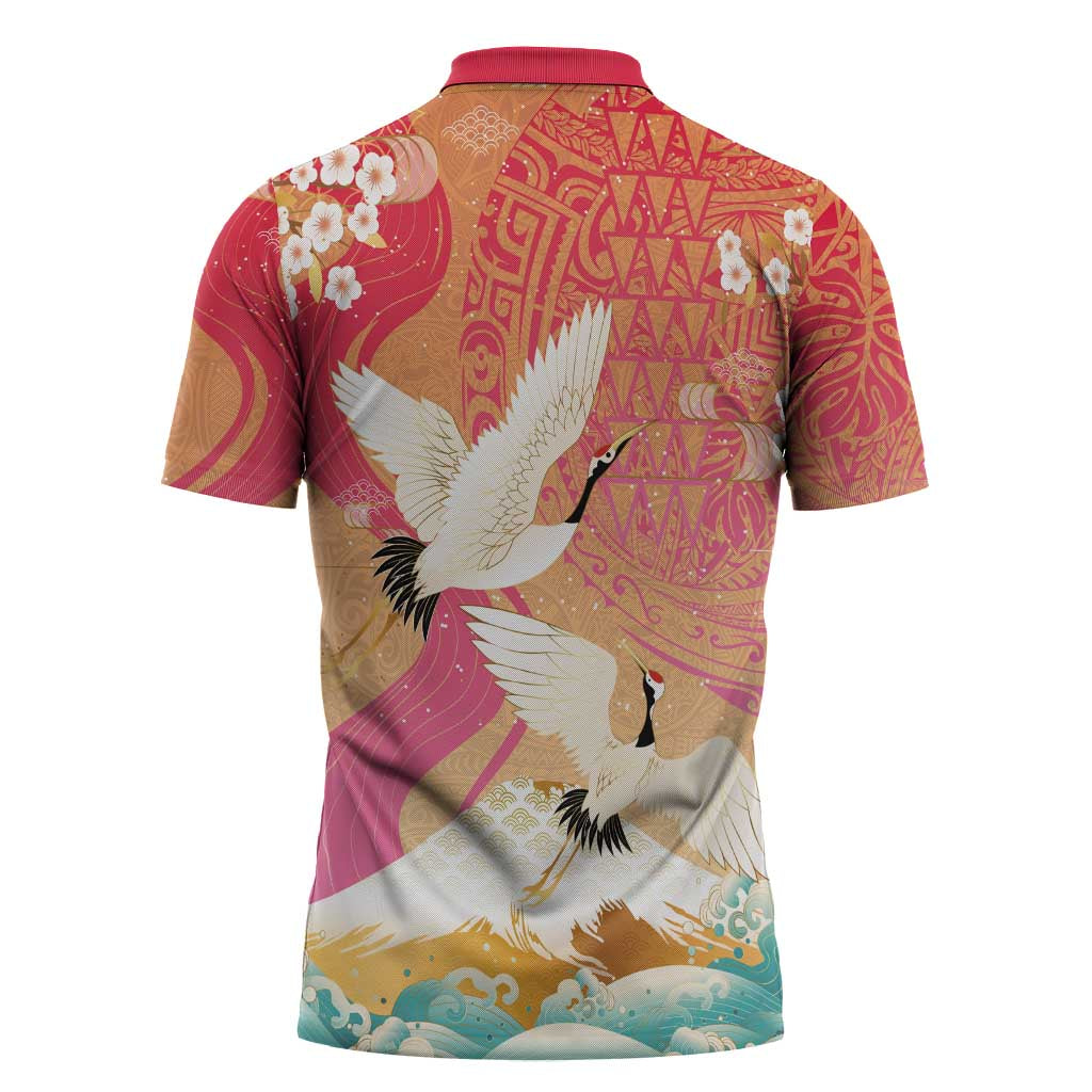 Hawaiian and Japanese Culture Together Zipper Polo Shirt Kakau Art Tattoo with Cranes and Sakura Spring Vibe - Polynesian Pride
