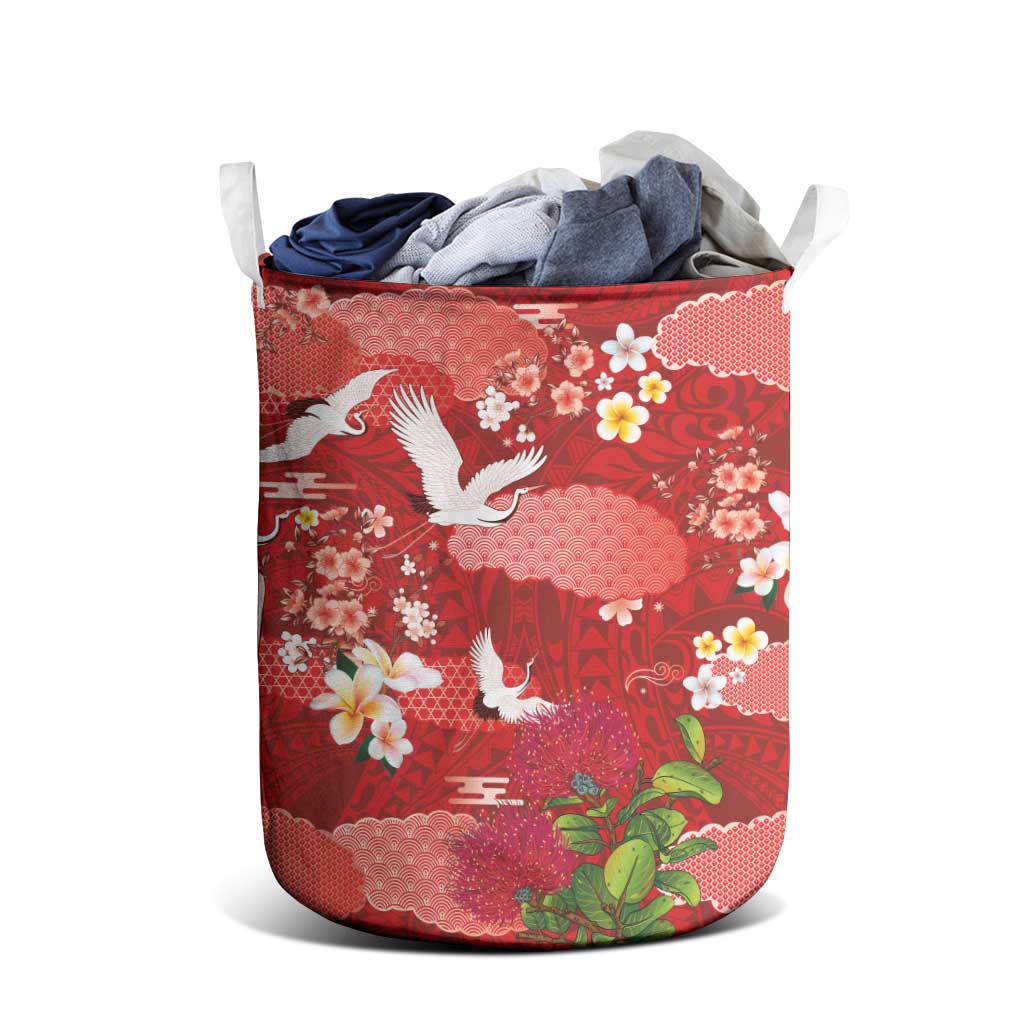 Hawaiian and Japanese Culture Together Laundry Basket Red Ohia Lehua Plumeria and Sakura Blooming - Polynesian Pride