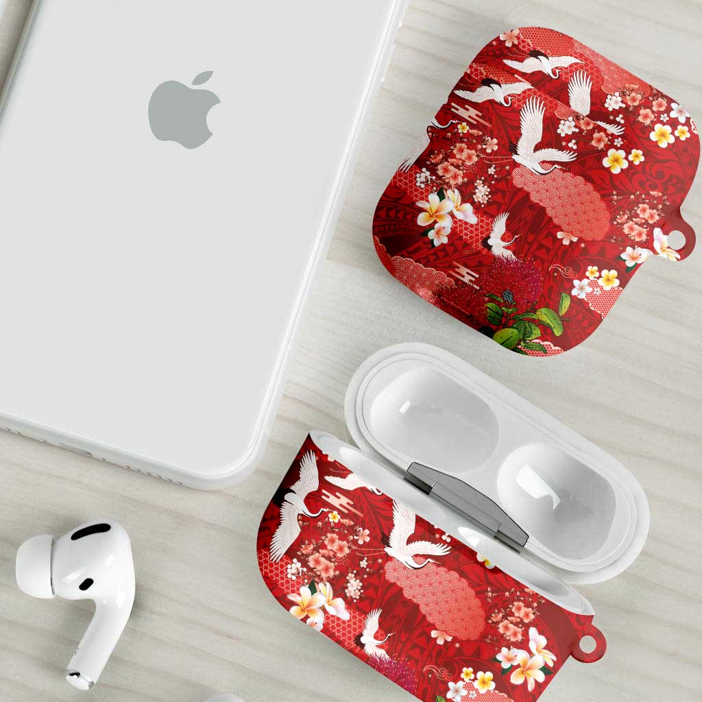 Hawaiian and Japanese Culture Together AirPods Case Red Ohia Lehua Plumeria and Sakura Blooming - Polynesian Pride