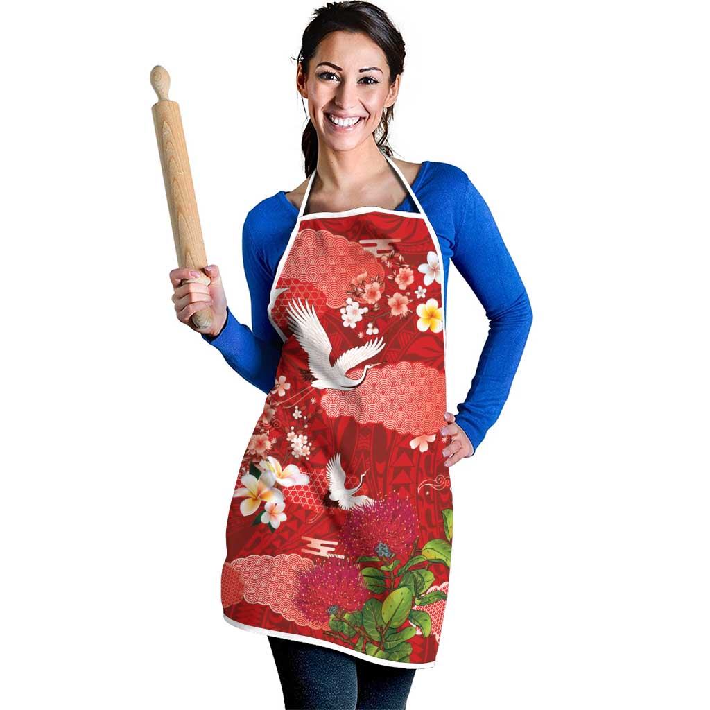 Hawaiian and Japanese Culture Together Apron Red Ohia Lehua Plumeria and Sakura Blooming - Polynesian Pride