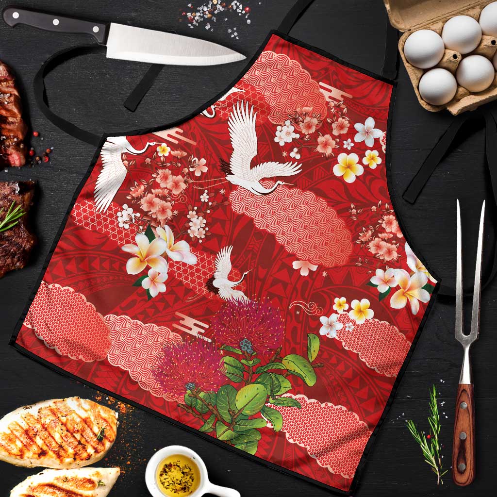 Hawaiian and Japanese Culture Together Apron Red Ohia Lehua Plumeria and Sakura Blooming - Polynesian Pride