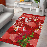 Hawaiian and Japanese Culture Together Area Rug Red Ohia Lehua Plumeria and Sakura Blooming - Polynesian Pride