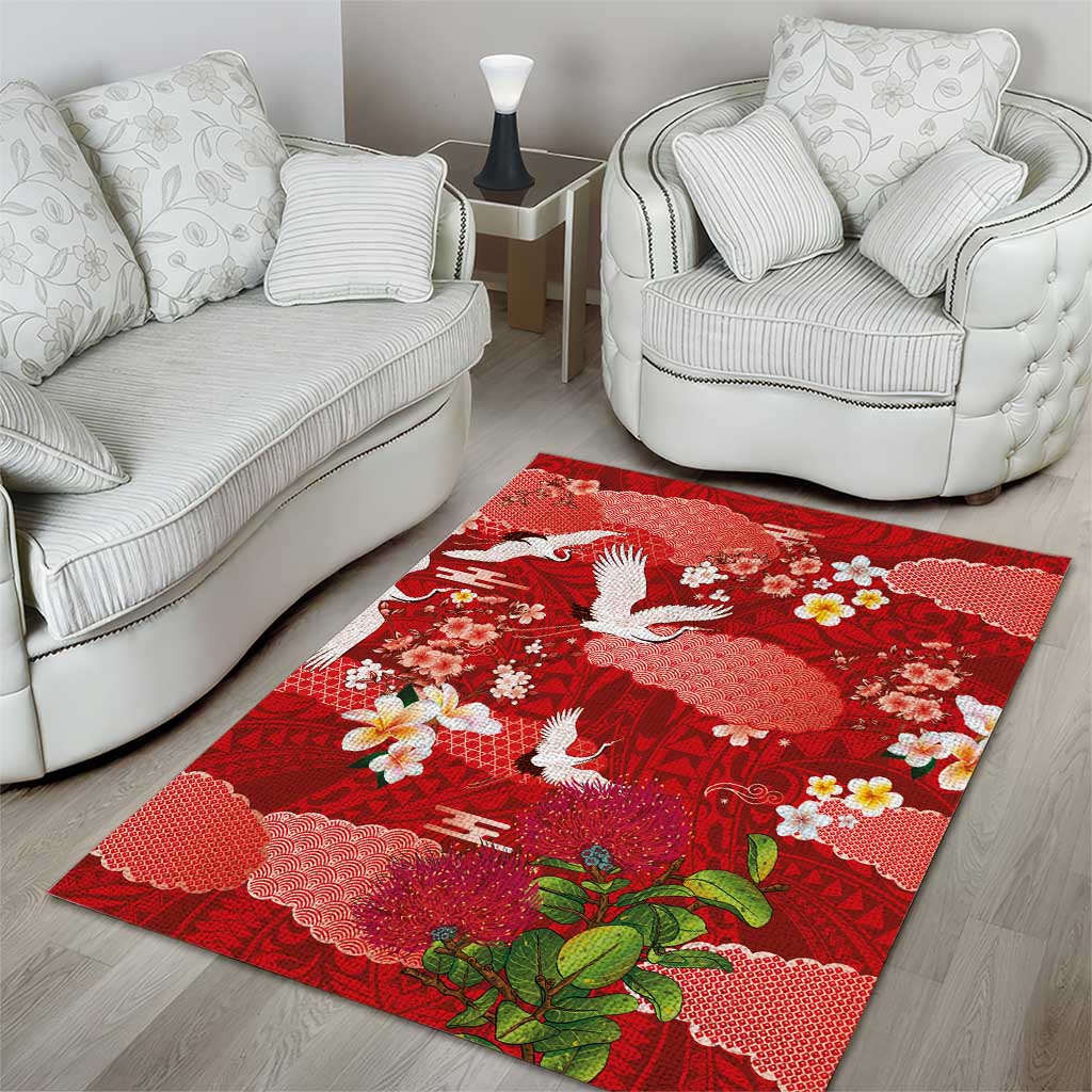 Hawaiian and Japanese Culture Together Area Rug Red Ohia Lehua Plumeria and Sakura Blooming - Polynesian Pride