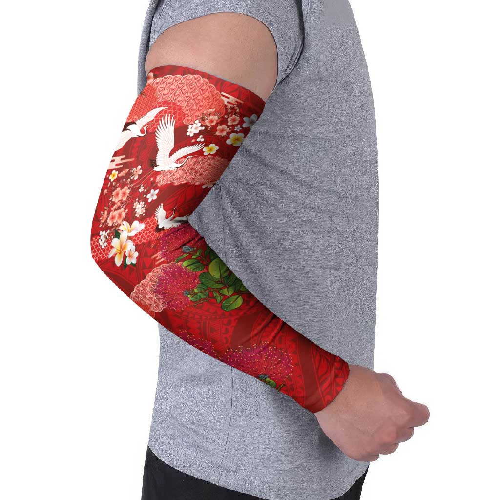 Hawaiian and Japanese Culture Together Arm Sleeves Red Ohia Lehua Plumeria and Sakura Blooming - Polynesian Pride