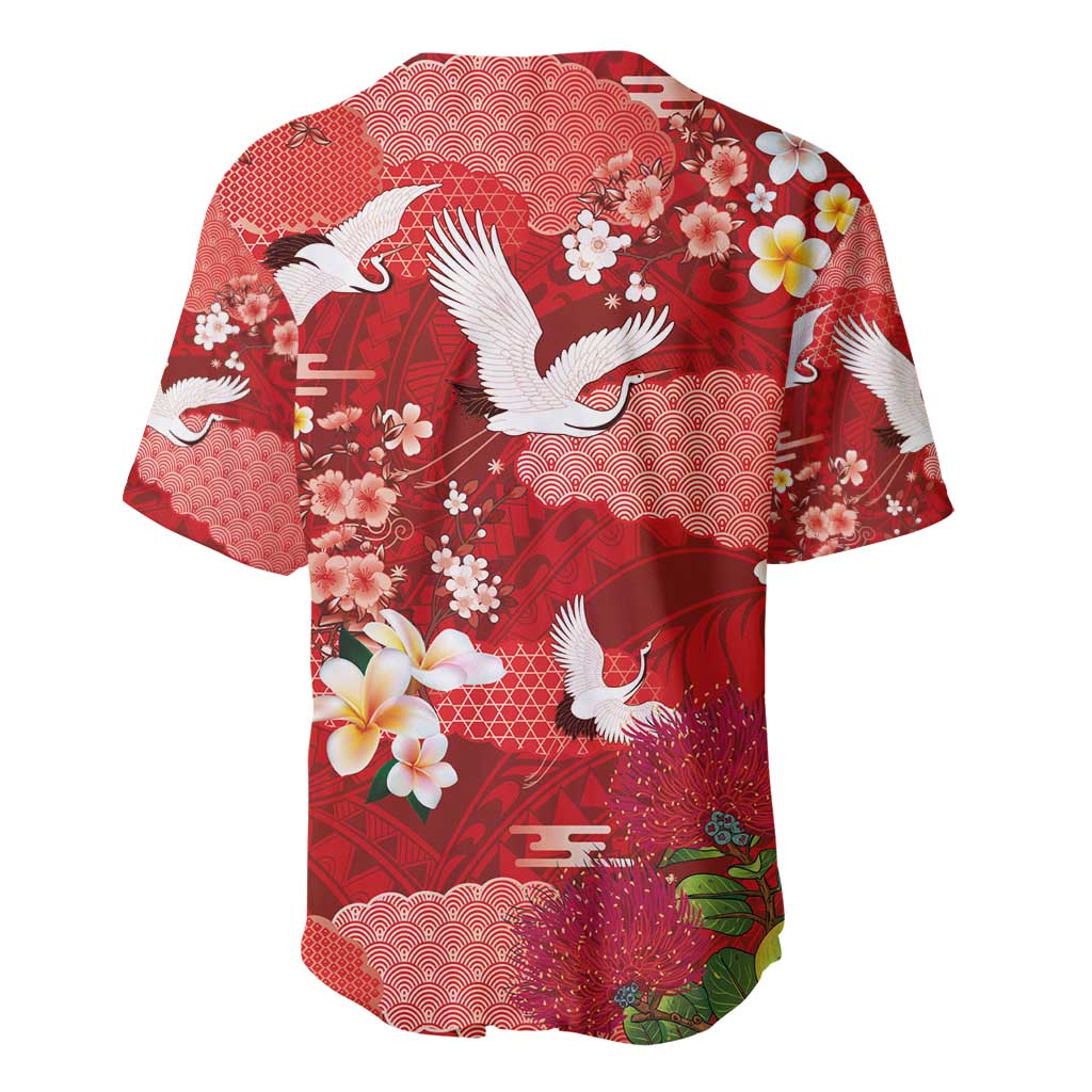 Hawaiian and Japanese Culture Together Baseball Jersey Red Ohia Lehua Plumeria and Sakura Blooming - Polynesian Pride