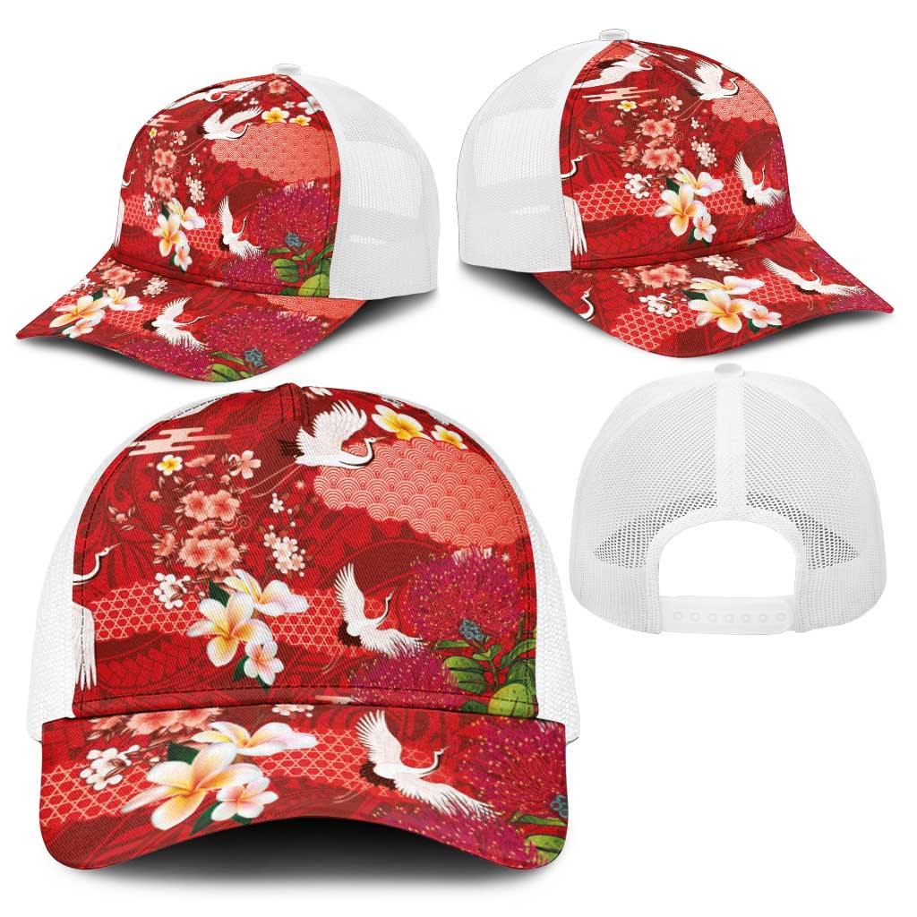 Hawaiian and Japanese Culture Together Baseball Net Cap Red Ohia Lehua Plumeria and Sakura Blooming - Polynesian Pride
