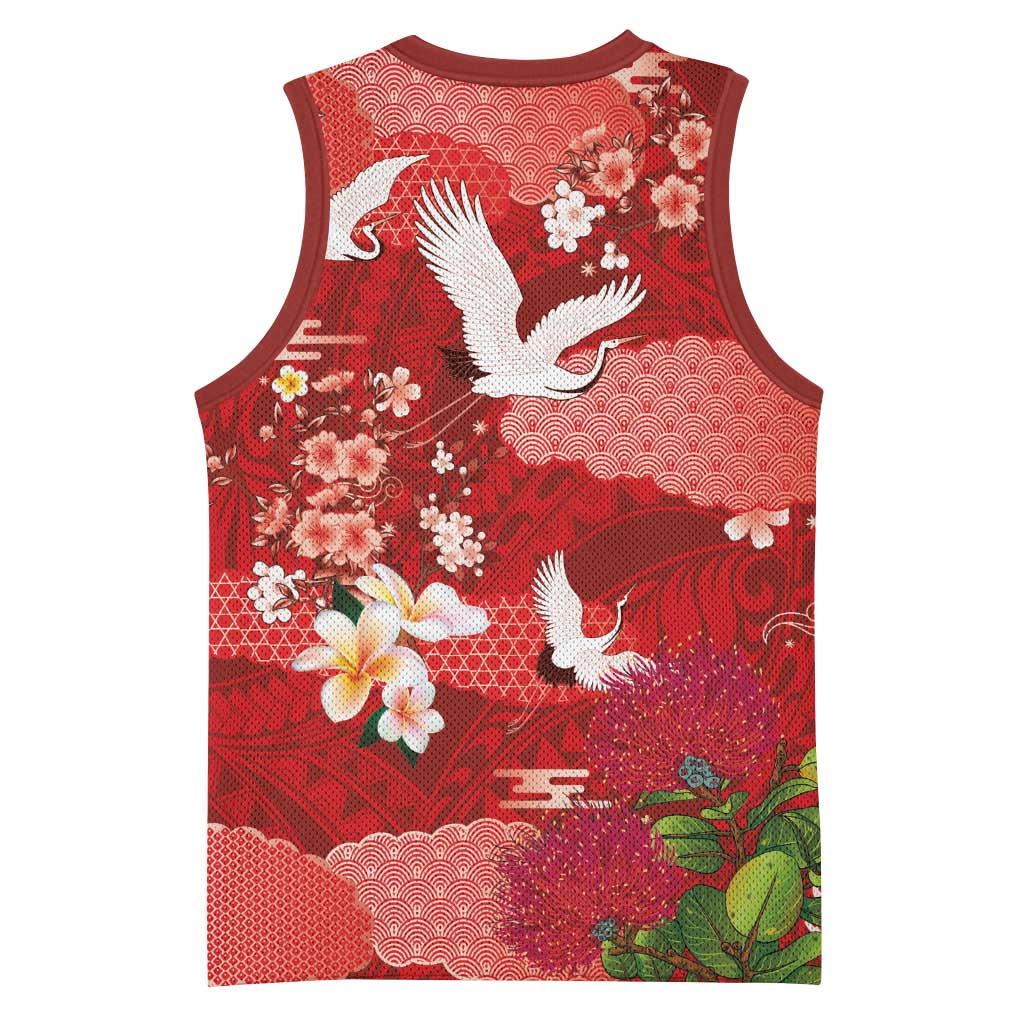 Hawaiian and Japanese Culture Together Basketball Jersey Red Ohia Lehua Plumeria and Sakura Blooming - Polynesian Pride