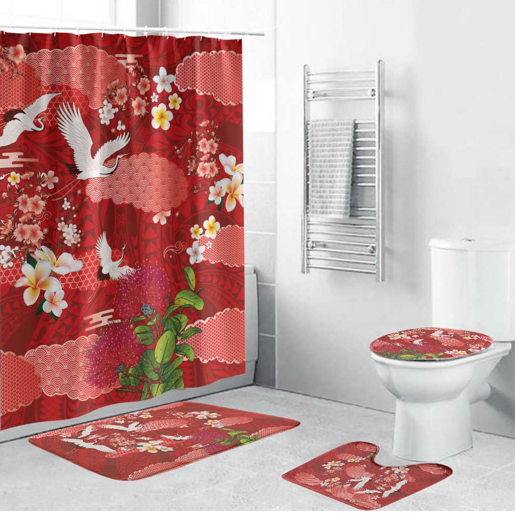 Hawaiian and Japanese Culture Together Bathroom Set Red Ohia Lehua Plumeria and Sakura Blooming - Polynesian Pride