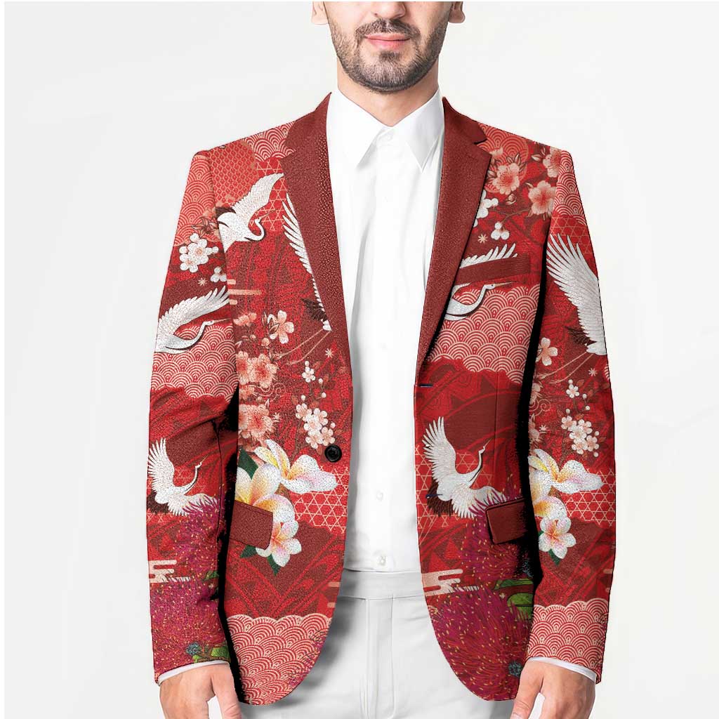 Hawaiian and Japanese Culture Together Blazer Red Ohia Lehua Plumeria and Sakura Blooming - Polynesian Pride