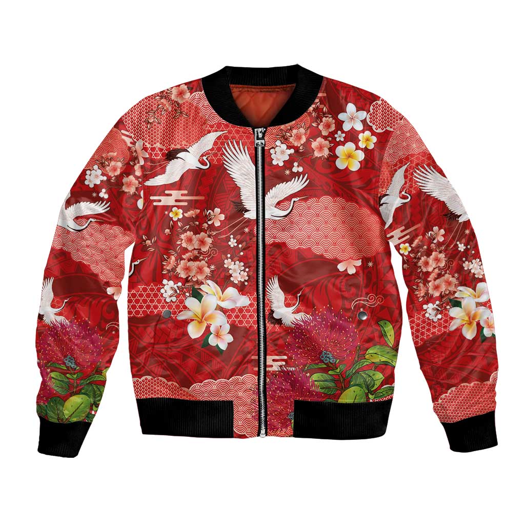 Hawaiian and Japanese Culture Together Bomber Jacket Red Ohia Lehua Plumeria and Sakura Blooming LT03 Unisex Red - Polynesian Pride