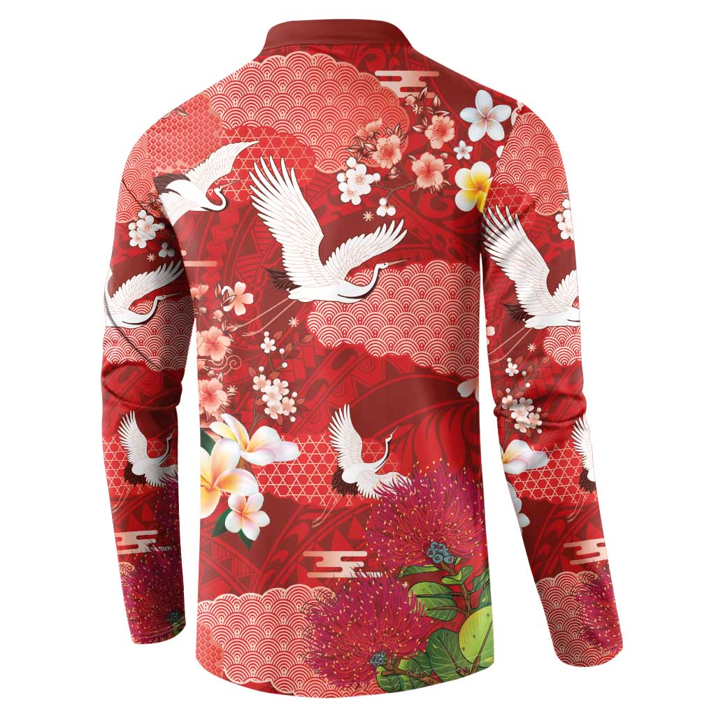 Hawaiian and Japanese Culture Together Button Sweatshirt Red Ohia Lehua Plumeria and Sakura Blooming - Polynesian Pride