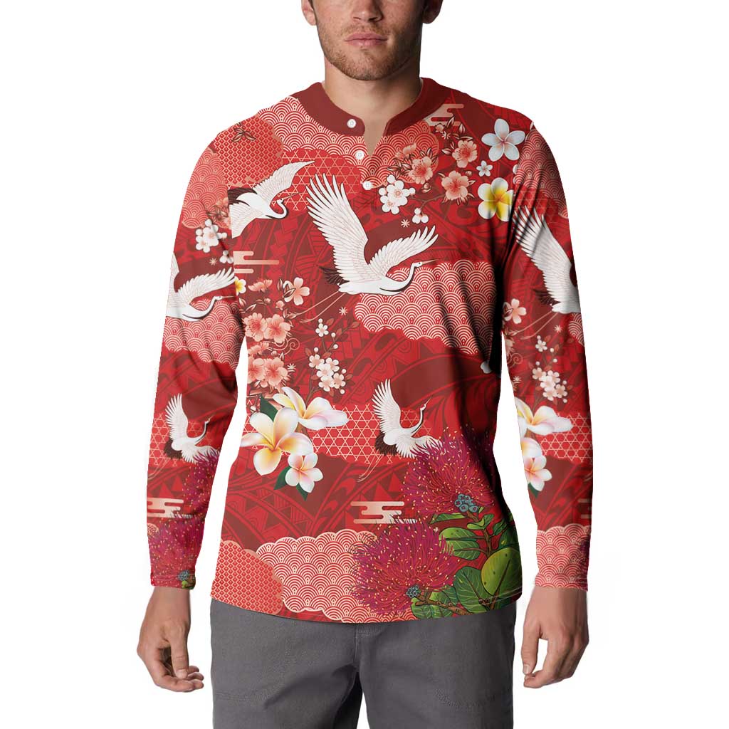 Hawaiian and Japanese Culture Together Button Sweatshirt Red Ohia Lehua Plumeria and Sakura Blooming - Polynesian Pride