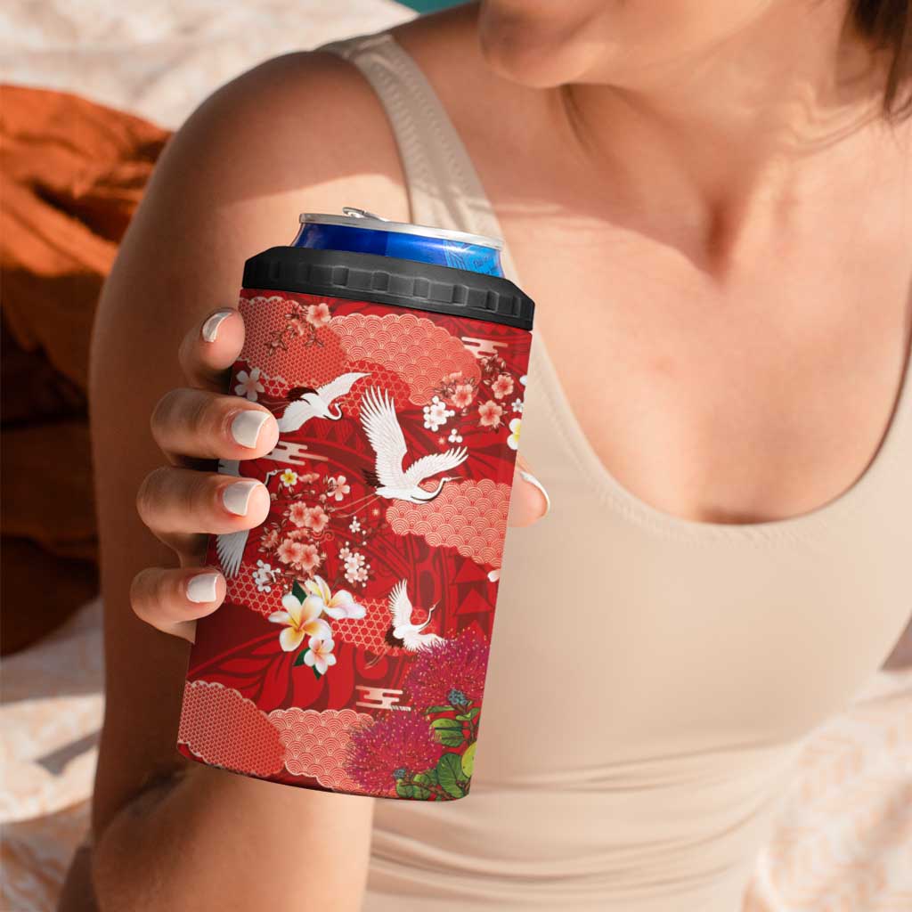 Hawaiian and Japanese Culture Together 4 in 1 Can Cooler Tumbler Red Ohia Lehua Plumeria and Sakura Blooming - Polynesian Pride