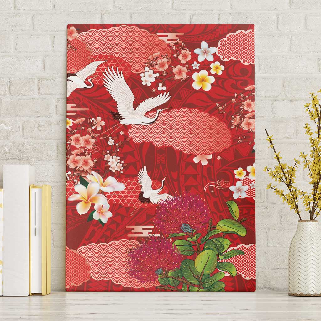 Hawaiian and Japanese Culture Together Canvas Wall Art Red Ohia Lehua Plumeria and Sakura Blooming - Polynesian Pride