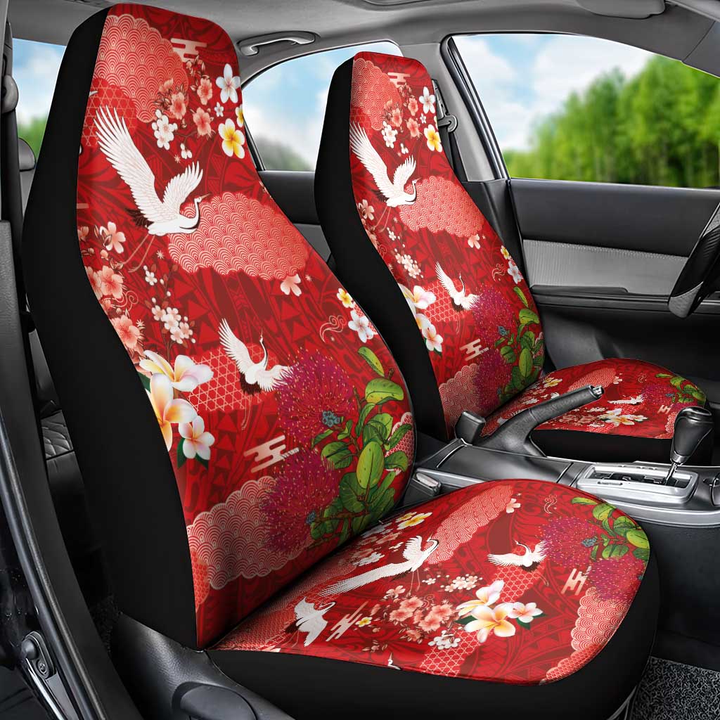 Hawaiian and Japanese Culture Together Car Seat Cover Red Ohia Lehua Plumeria and Sakura Blooming - Polynesian Pride