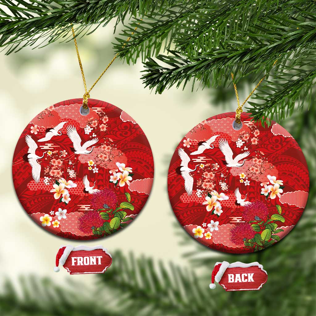 Hawaiian and Japanese Culture Together Ceramic Ornament Red Ohia Lehua Plumeria and Sakura Blooming - Polynesian Pride