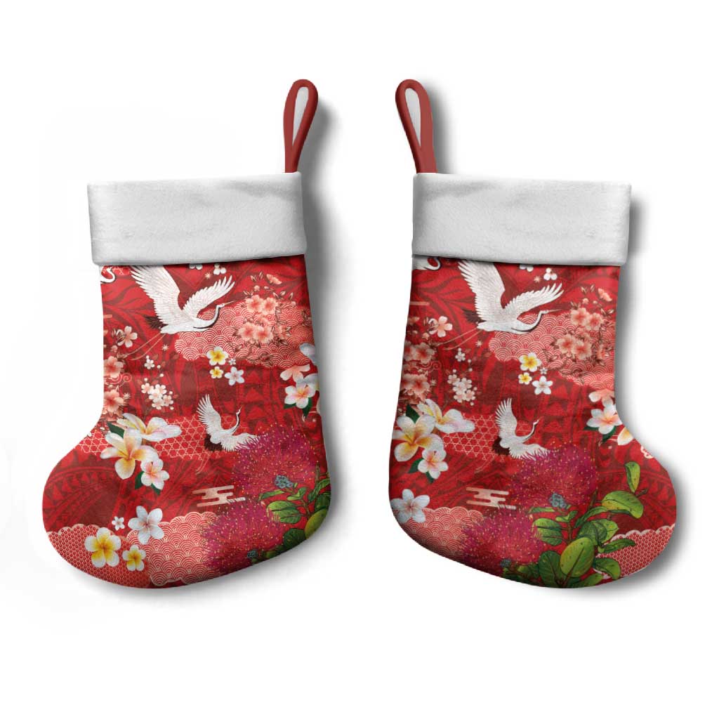 Hawaiian and Japanese Culture Together Christmas Stocking Red Ohia Lehua Plumeria and Sakura Blooming - Polynesian Pride