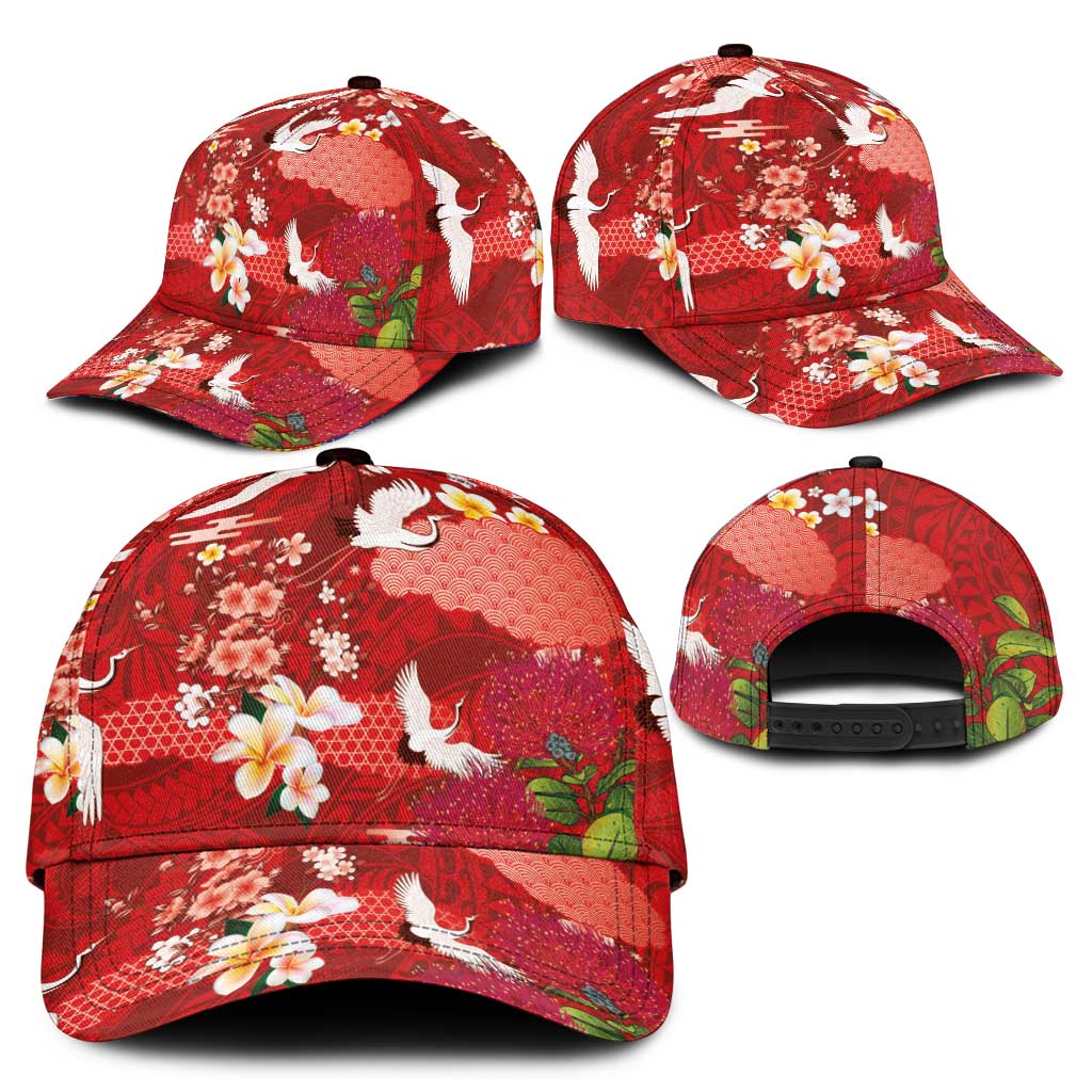 Hawaiian and Japanese Culture Together Classic Cap Red Ohia Lehua Plumeria and Sakura Blooming - Polynesian Pride