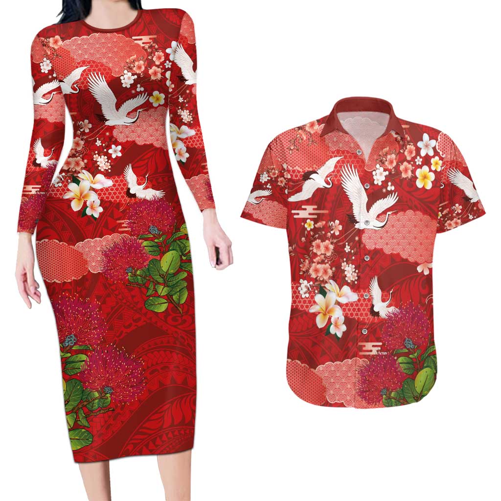 Hawaiian and Japanese Culture Together Couples Matching Long Sleeve Bodycon Dress and Hawaiian Shirt Red Ohia Lehua Plumeria and Sakura Blooming - Polynesian Pride