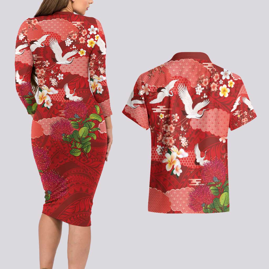 Hawaiian and Japanese Culture Together Couples Matching Long Sleeve Bodycon Dress and Hawaiian Shirt Red Ohia Lehua Plumeria and Sakura Blooming - Polynesian Pride