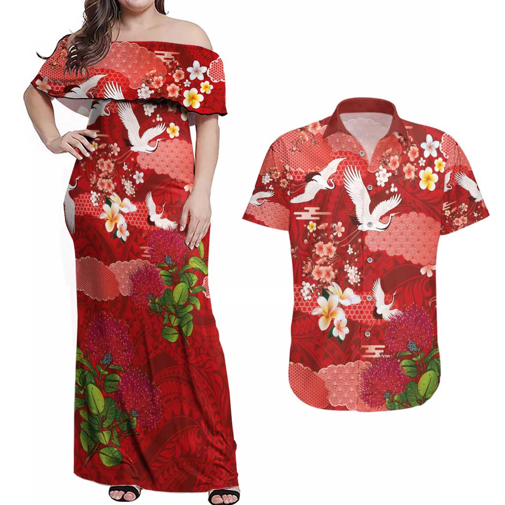 Hawaiian and Japanese Culture Together Couples Matching Off Shoulder Maxi Dress and Hawaiian Shirt Red Ohia Lehua Plumeria and Sakura Blooming - Polynesian Pride
