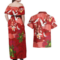 Hawaiian and Japanese Culture Together Couples Matching Off Shoulder Maxi Dress and Hawaiian Shirt Red Ohia Lehua Plumeria and Sakura Blooming - Polynesian Pride