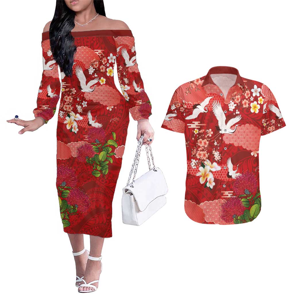 Hawaiian and Japanese Culture Together Couples Matching Off The Shoulder Long Sleeve Dress and Hawaiian Shirt Red Ohia Lehua Plumeria and Sakura Blooming - Polynesian Pride