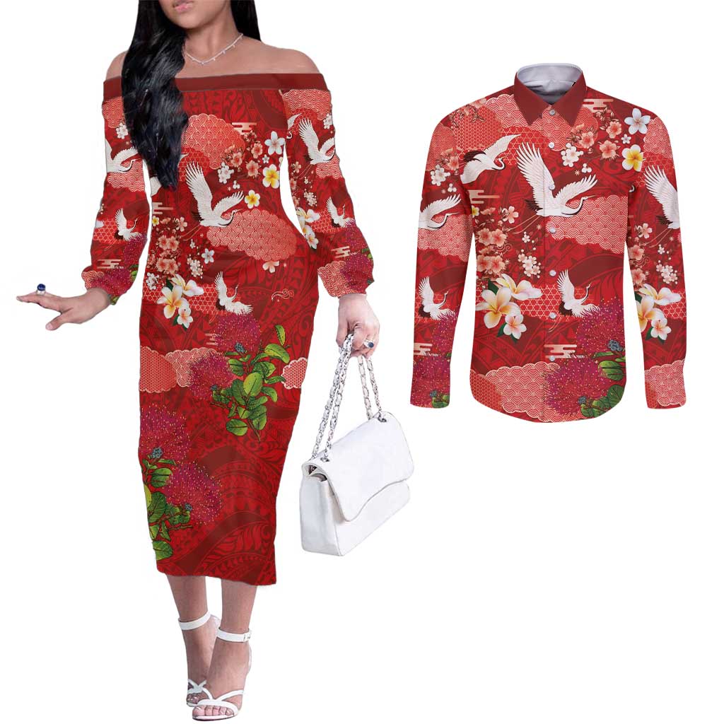 Hawaiian and Japanese Culture Together Couples Matching Off The Shoulder Long Sleeve Dress and Long Sleeve Button Shirt Red Ohia Lehua Plumeria and Sakura Blooming - Polynesian Pride
