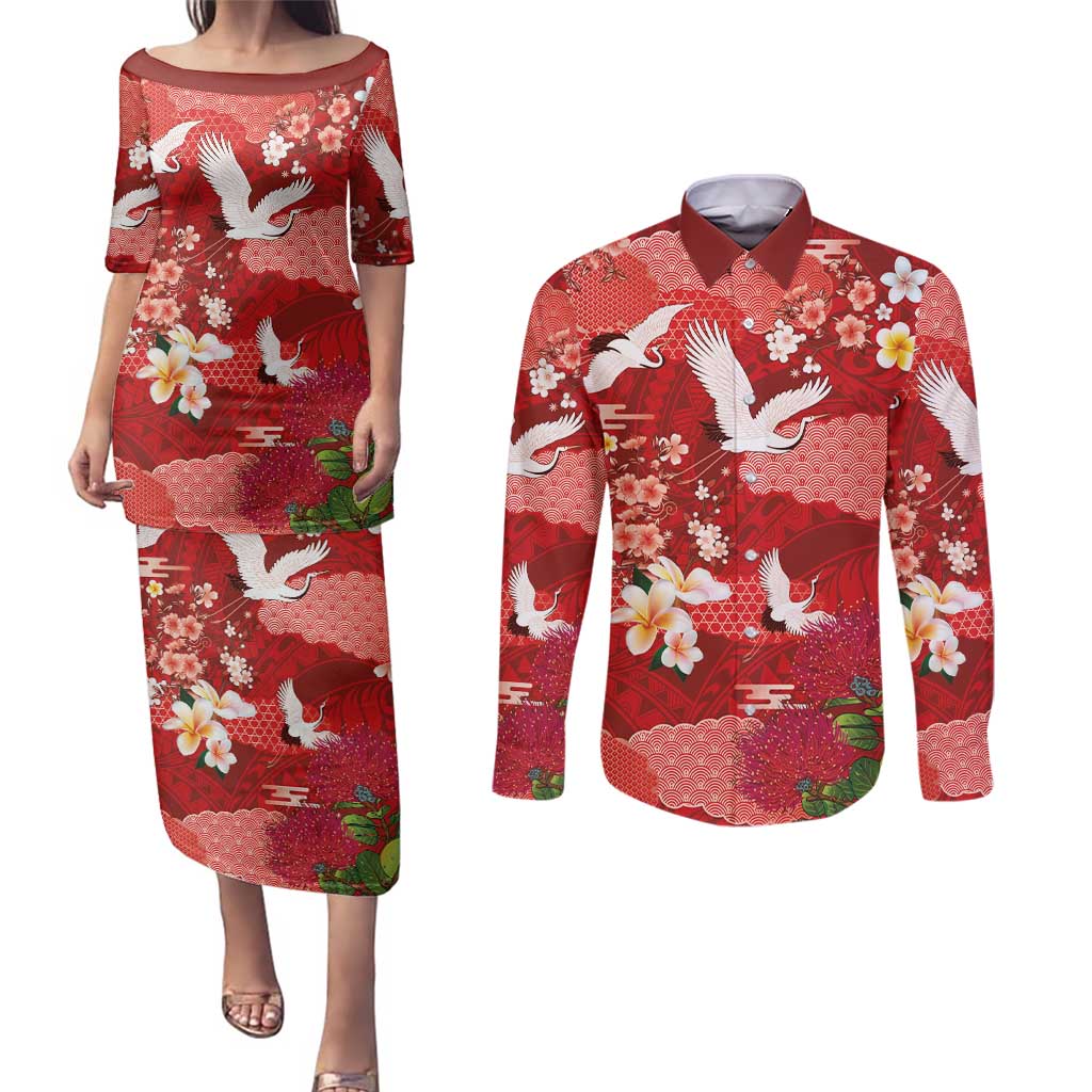Hawaiian and Japanese Culture Together Couples Matching Puletasi and Long Sleeve Button Shirt Red Ohia Lehua Plumeria and Sakura Blooming - Polynesian Pride